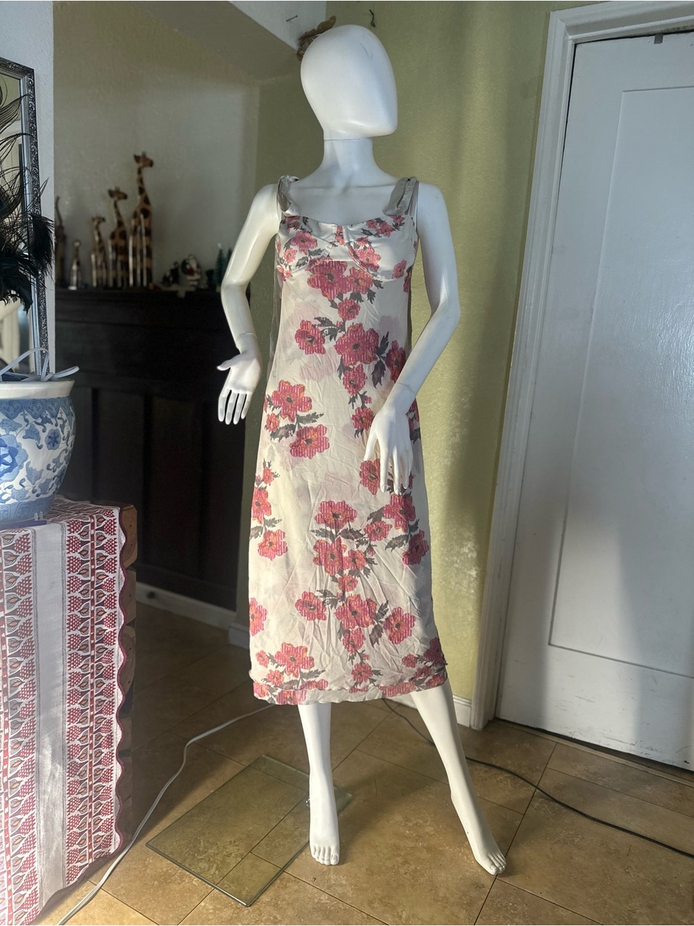 Free People Cream Slip Midi Dress with Pink Floral Print